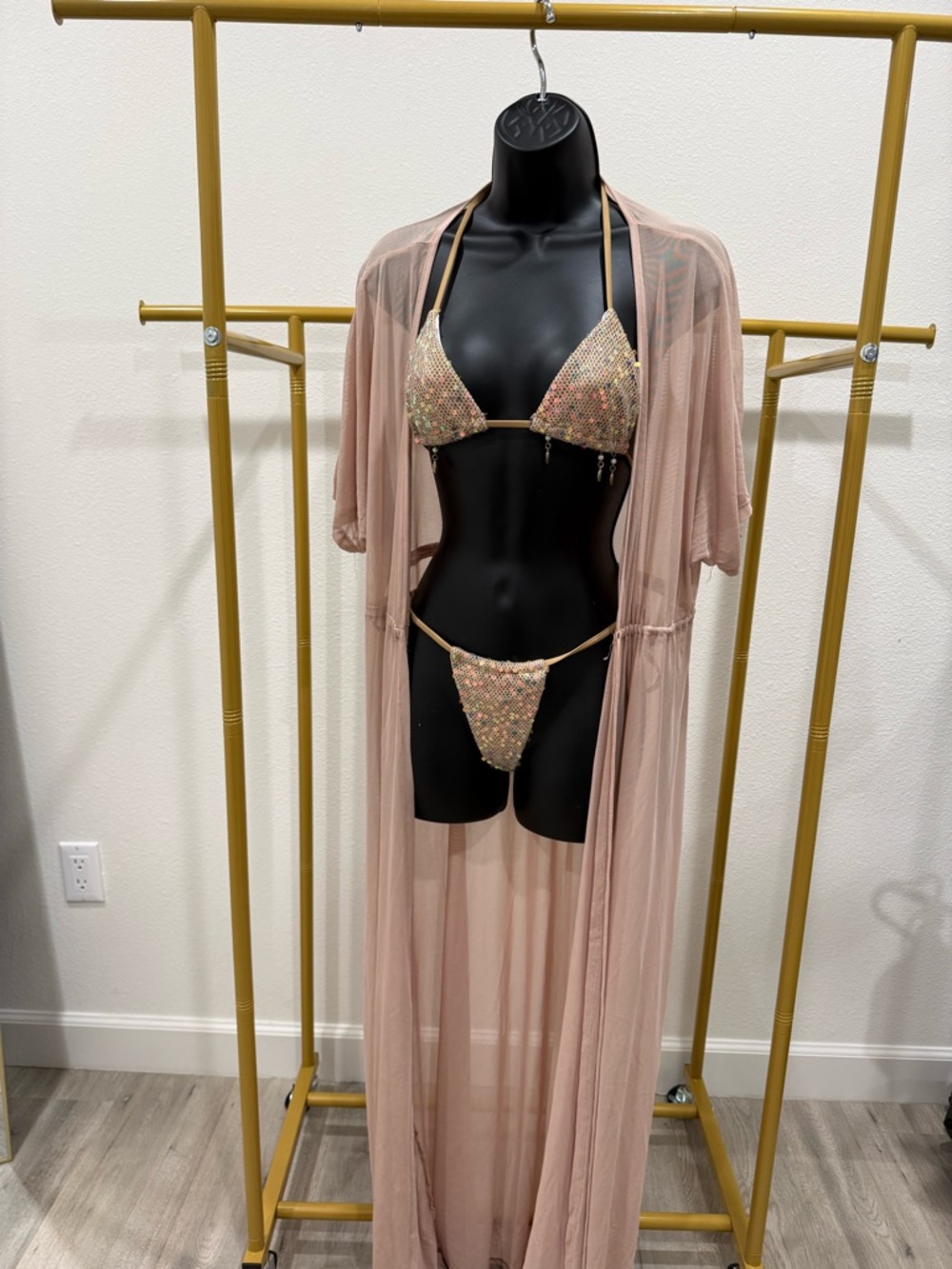 Sequined Bikini Set with Sheer Dusty Rose Duster cover up swim